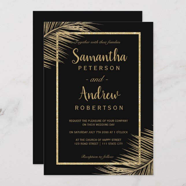 Tropical gold palm tree beach black chic wedding invitation (Front/Back)