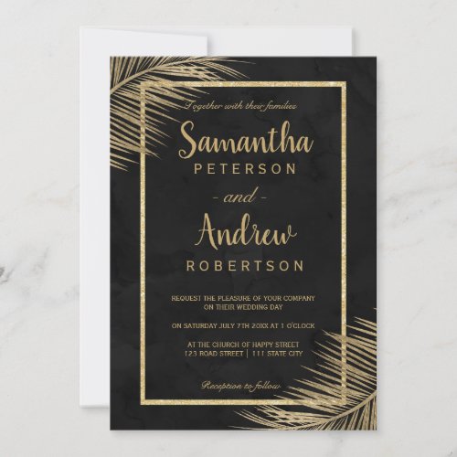 Tropical gold palm tree beach black wedding invitation