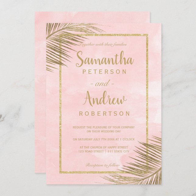 Tropical gold palm tree beach blush pink wedding invitation (Front/Back)