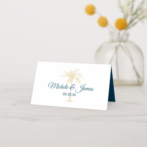 Tropical Gold Palm Tree Beach Modern Wedding Place Card