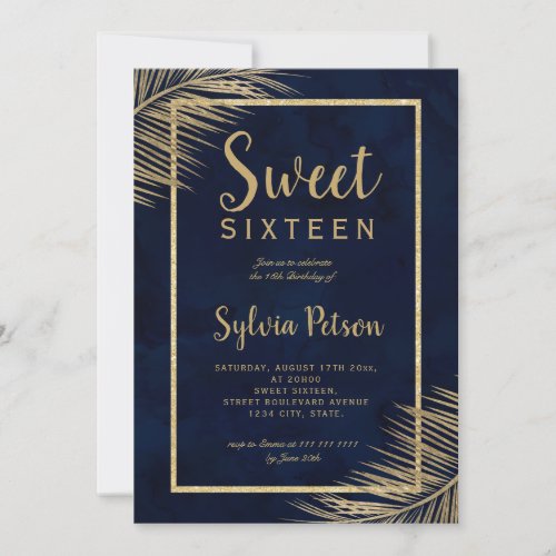 Tropical gold palm tree beach navy blue Sweet 16 Invitation