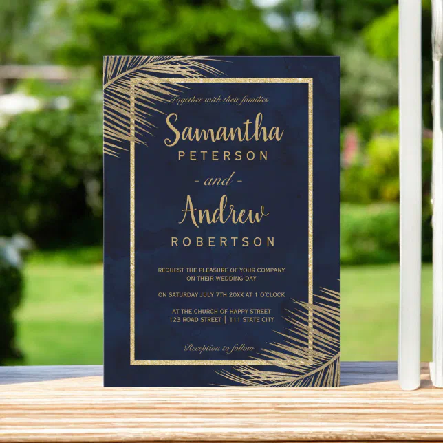 Tropical gold palm tree beach navy blue wedding 2 invitation | Zazzle