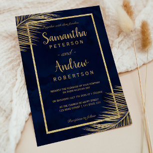 Tropical gold palm tree beach navy blue wedding invitation