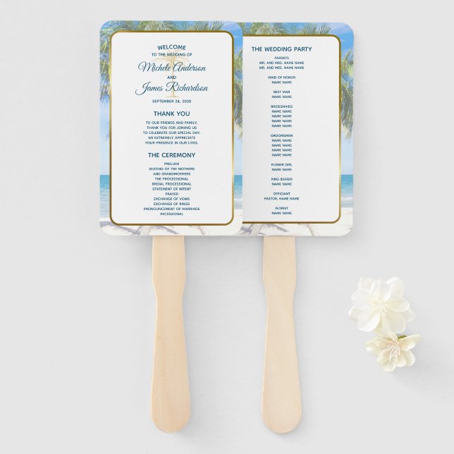 Tropical Gold Palm Tree Beach Photo Wedding Hand Fan (Front and Back)