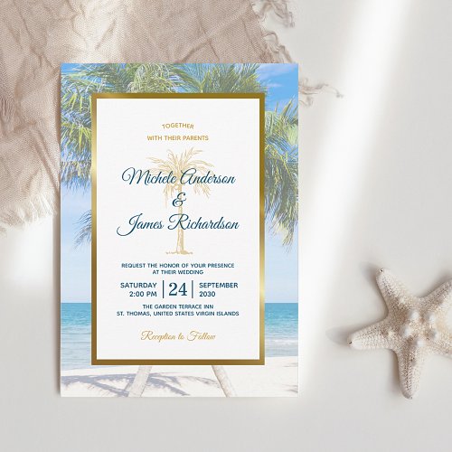 Tropical Gold Palm Tree Beach Photo Wedding Invitation