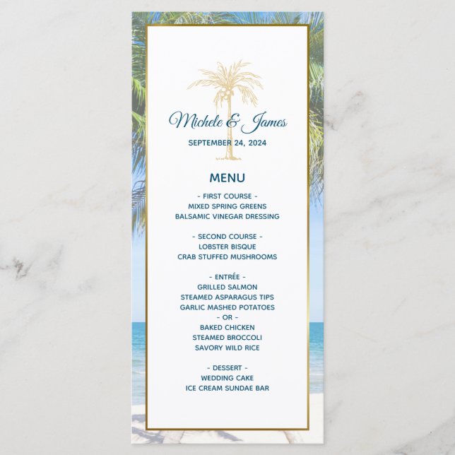 Tropical Gold Palm Tree Beach Photo Wedding Menu (Front)