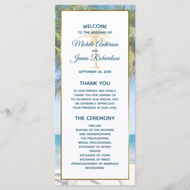 Tropical Gold Palm Tree Beach Photo Wedding Program (Front)