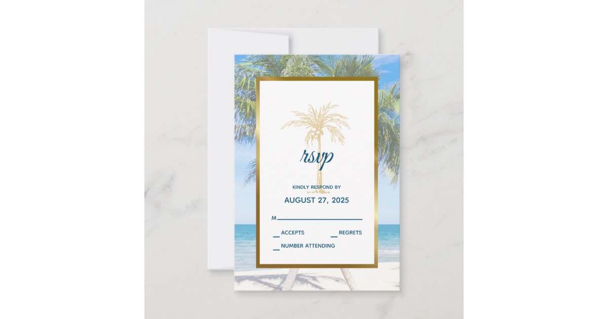 Tropical Gold Palm Tree Beach Photo Wedding RSVP Card | Zazzle