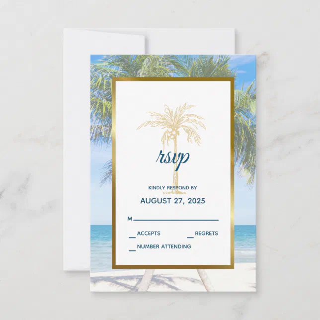 Tropical Gold Palm Tree Beach Photo Wedding RSVP Card | Zazzle