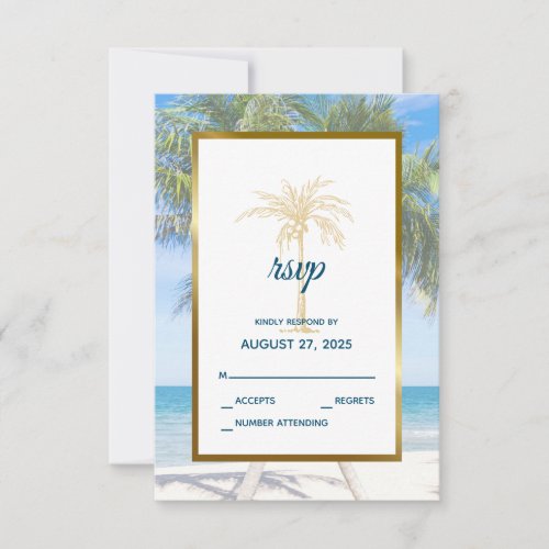 Tropical Gold Palm Tree Beach Photo Wedding RSVP Card