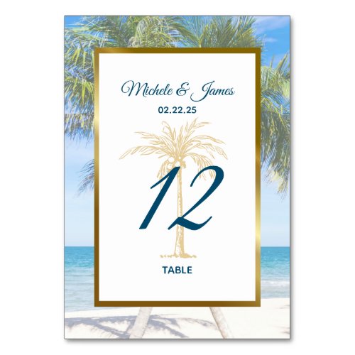 Tropical Gold Palm Tree Beach Photo Wedding Table Number