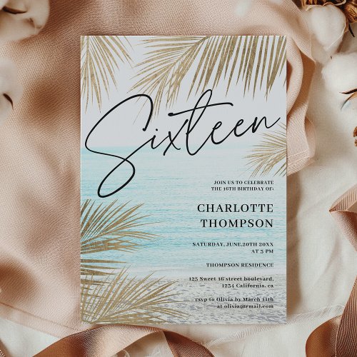 Tropical gold palm tree beach script Sweet 16 Invitation