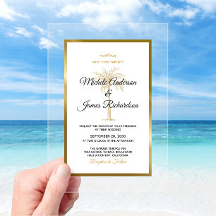 Tropical Gold Palm Tree Elegant Beach Wedding Acrylic Invitations