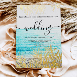 Tropical gold palm tree elegant script wedding foil invitation