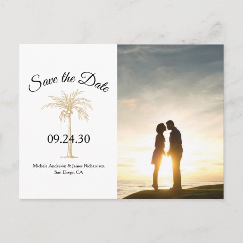 Tropical Gold Palm Tree Wedding Save Date Photo Announcement Postcard