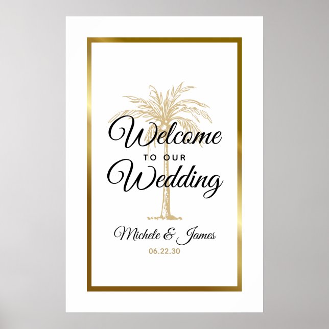 Tropical Gold Palm Tree Wedding Welcome Poster (Front)