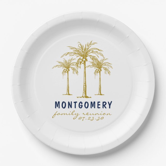 Tropical Gold Palm Trees Custom Family Reunion Paper Plates (Front)
