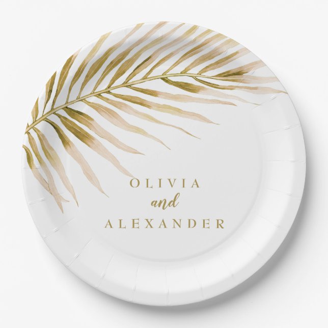 Tropical Gold Palm wedding Paper Plates (Front)