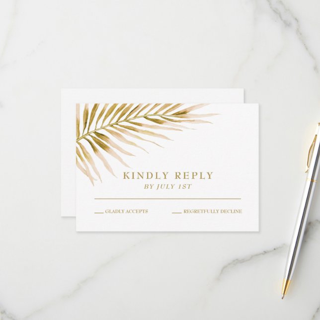 Tropical Gold Palm wedding RSVP Card (Front/Back In Situ)