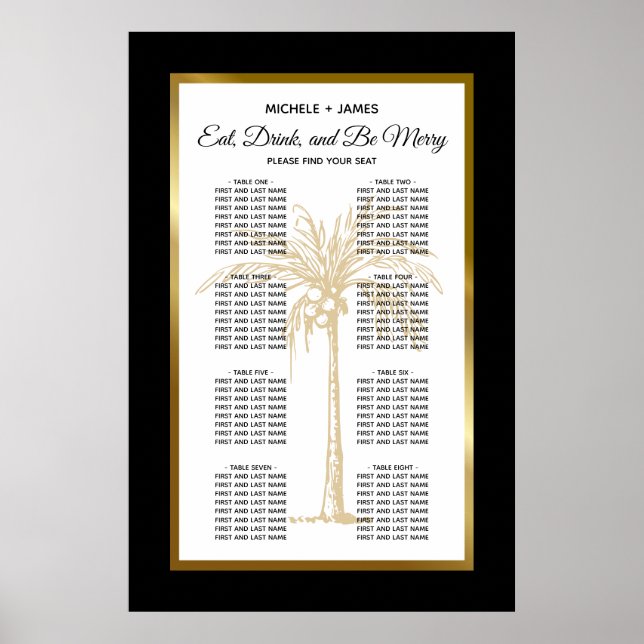 Tropical Gold Palm Wedding Seating Chart (Front)