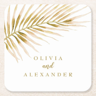 Tropical Gold Palm wedding Square Paper Coaster
