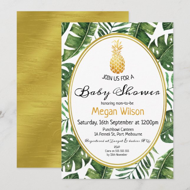 Tropical Gold Pineapple Baby Shower Invitation (Front/Back)