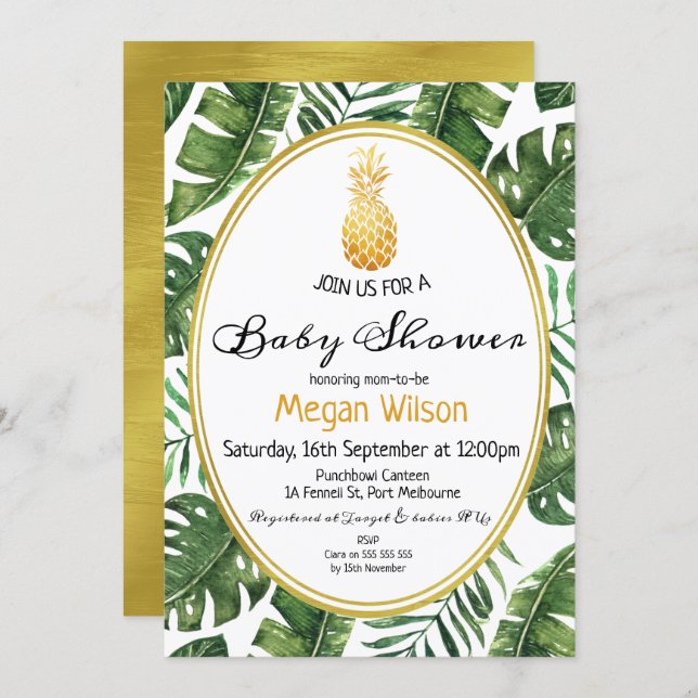 Tropical Gold Pineapple Baby Shower Invitation (Front/Back)