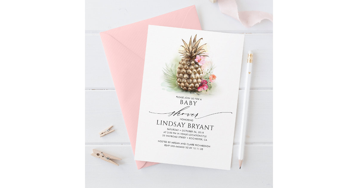 Tropical Gold Pineapple Beach Floral Baby Shower Invitation | Zazzle