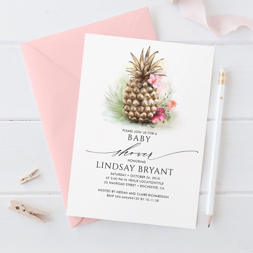 Tropical Gold Pineapple Beach Floral Baby Shower Invitation