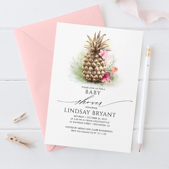 Tropical Gold Pineapple Beach Floral Baby Shower Invitation (Creator Uploaded)