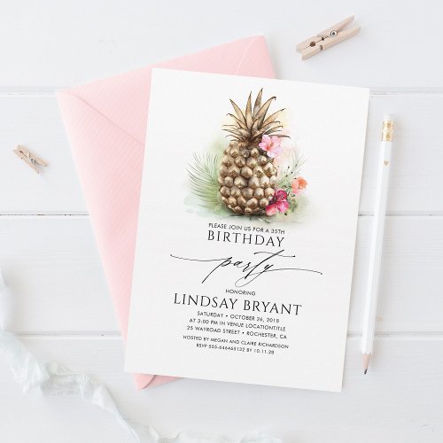 Tropical Gold Pineapple Beach Floral Birthday Invitation