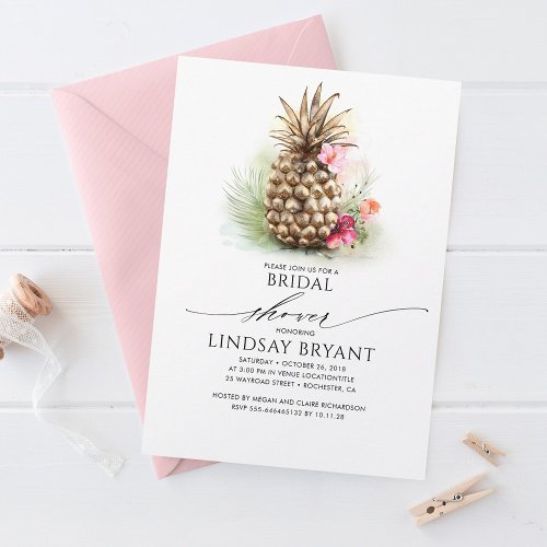 Tropical Gold Pineapple Beach Floral Bridal Shower Invitation