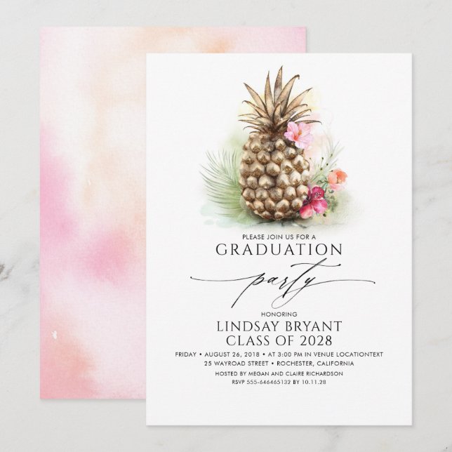 Tropical Gold Pineapple Beach Floral Graduation Invitation (Front/Back)