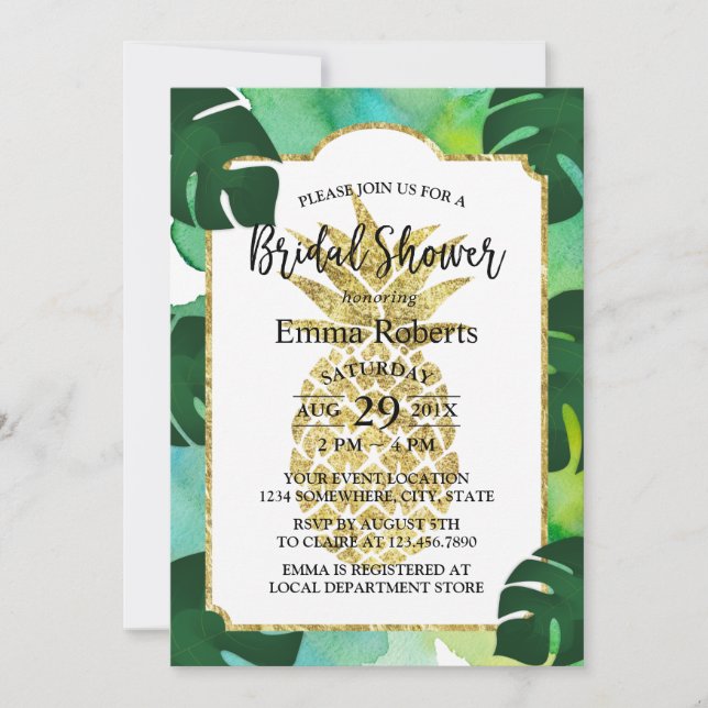 Tropical Gold Pineapple Bridal Shower Watercolor Invitation (Front)
