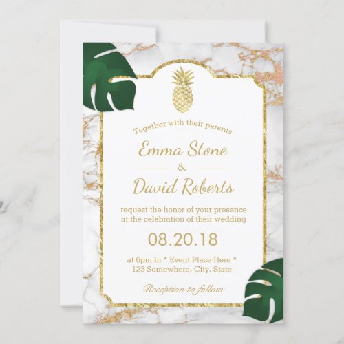 Tropical Gold Pineapple Modern Marble Wedding Invitation