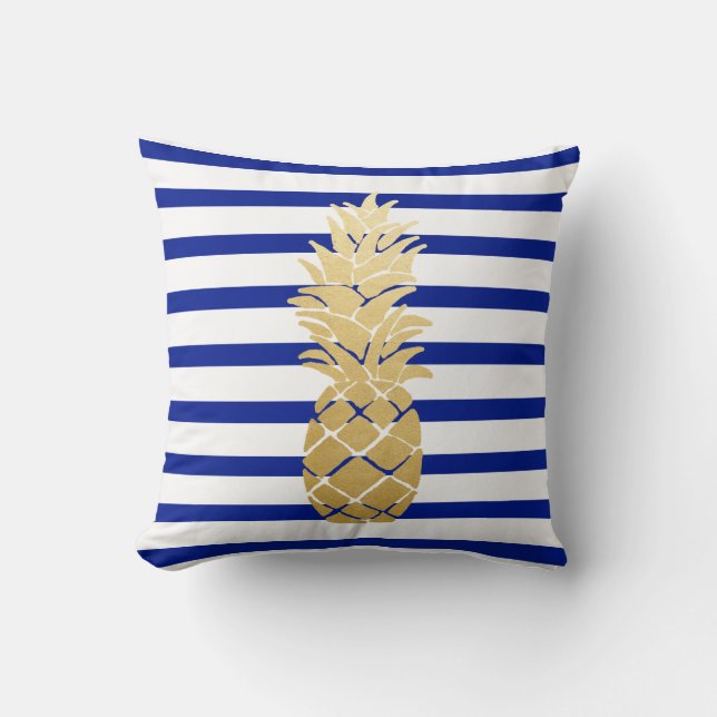 Tropical Gold Pineapple Navy Blue Stripes Pattern Throw Pillow (Front)