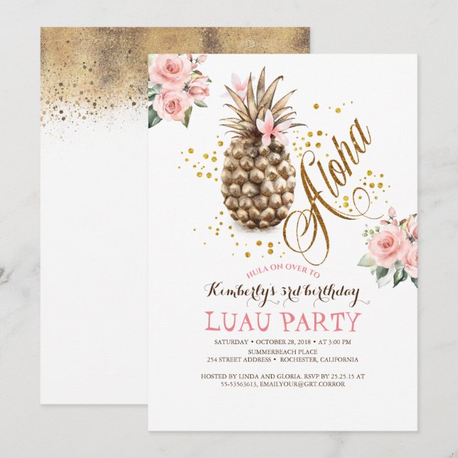 Tropical Gold Pineapple Pink Floral Luau Birthday Invitation (Front/Back)