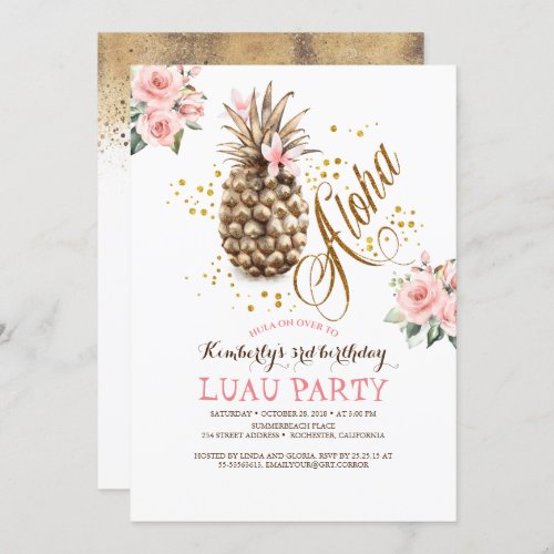 Tropical Gold Pineapple Pink Floral Luau Birthday Invitation