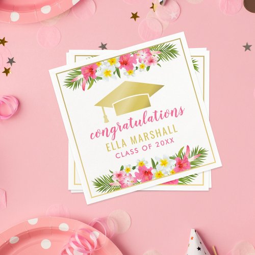 Tropical Gold Pink Floral Congratulations Graduate Napkins