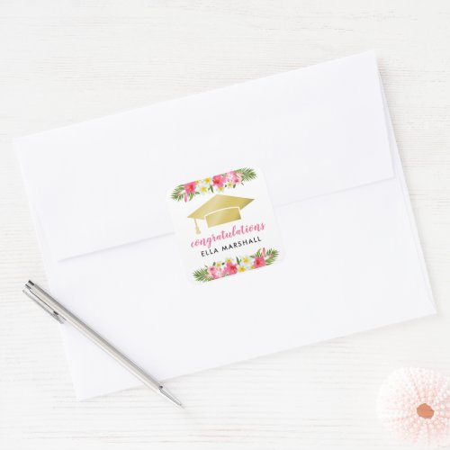 Tropical Gold Pink Floral Congratulations Graduate Square Sticker