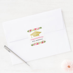 Tropical Gold Pink Floral Congratulations Graduate Square Sticker