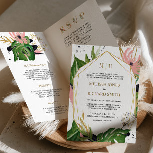 Tropical Gold Pink Floral QR Code Wedding Invitation