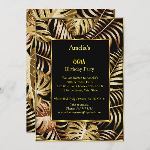 Tropical Gold Plants black birthday party Invitation