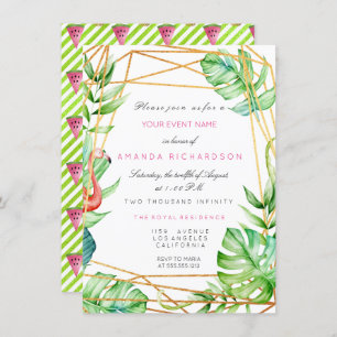 Tropical Gold Poligonal Frame Flamingo Stripe Mint Invitation