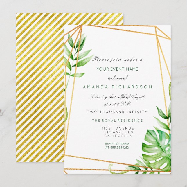 Tropical Gold Poligonal Frame Stripes Lines Green Invitation (Front/Back)