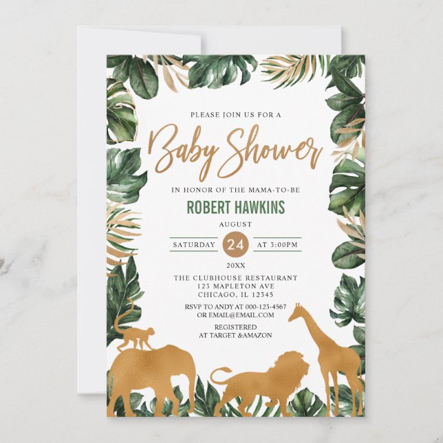 Tropical  Gold Safari Animals Jungle Baby Shower Invitation (Front)