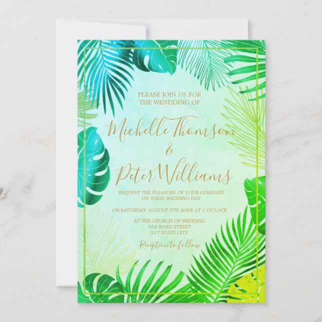 tropical gold watercolor wedding invitation (Front)