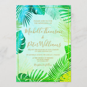 tropical gold watercolor wedding invitation