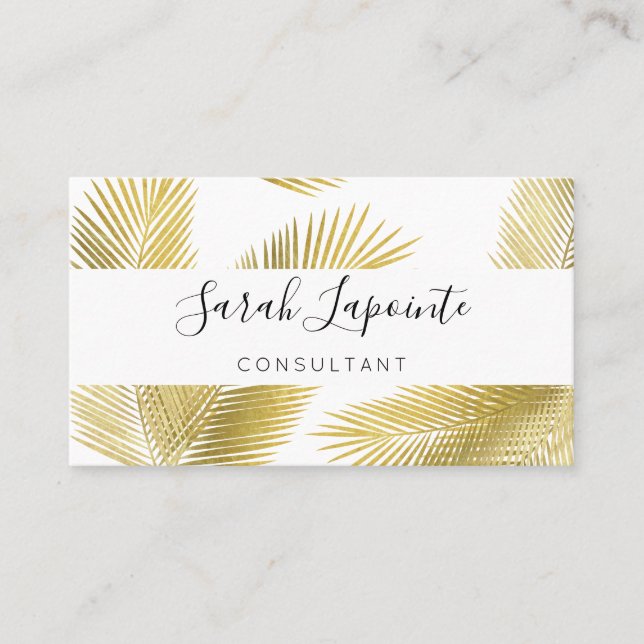 Tropical Gold & White Palm Leaves Elegant Design 2 Business Card (Front)
