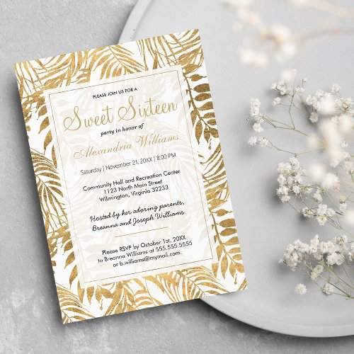 Tropical Gold White Palm Tree Floral Sweet Sixteen Invitation